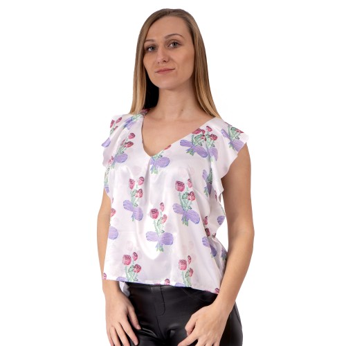 Personalized short satin blouse with bouquet drawing. Custom women's blouse without sleeves