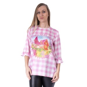Personalized 3/4 sleeve blouse with your drawing in Barbie style. Custom women's pink check blouse 
