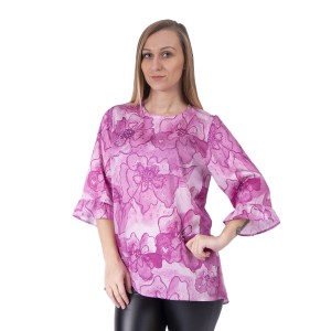 Personalized 3/4 sleeve blouse with your flower drawing on abstract background in duotone. Custom color women's blouse 