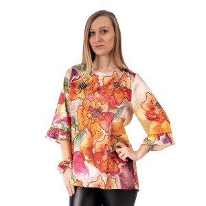 Personalized 3/4 sleeve blouse with your flower drawing on abstract background. Custom color women's blouse 