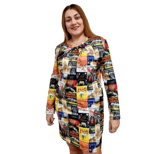 Personalized long sleeve dress with your favorite books. Custom women's midi dress with book covers 