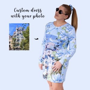 Personalized long sleeve dress with your photo. Custom women's midi dress with Barcelona photo 