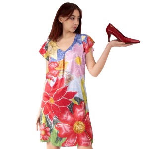 Personalized satin dress with your drawing and red flower. Custom women's dress with short sleeves 