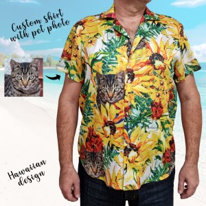 Custom Stylish Hawaiian Shirt With Cat Face For Men and Women | Custom Pets Photo Shirt | Personalized Shirt with Tropical Flower Design 